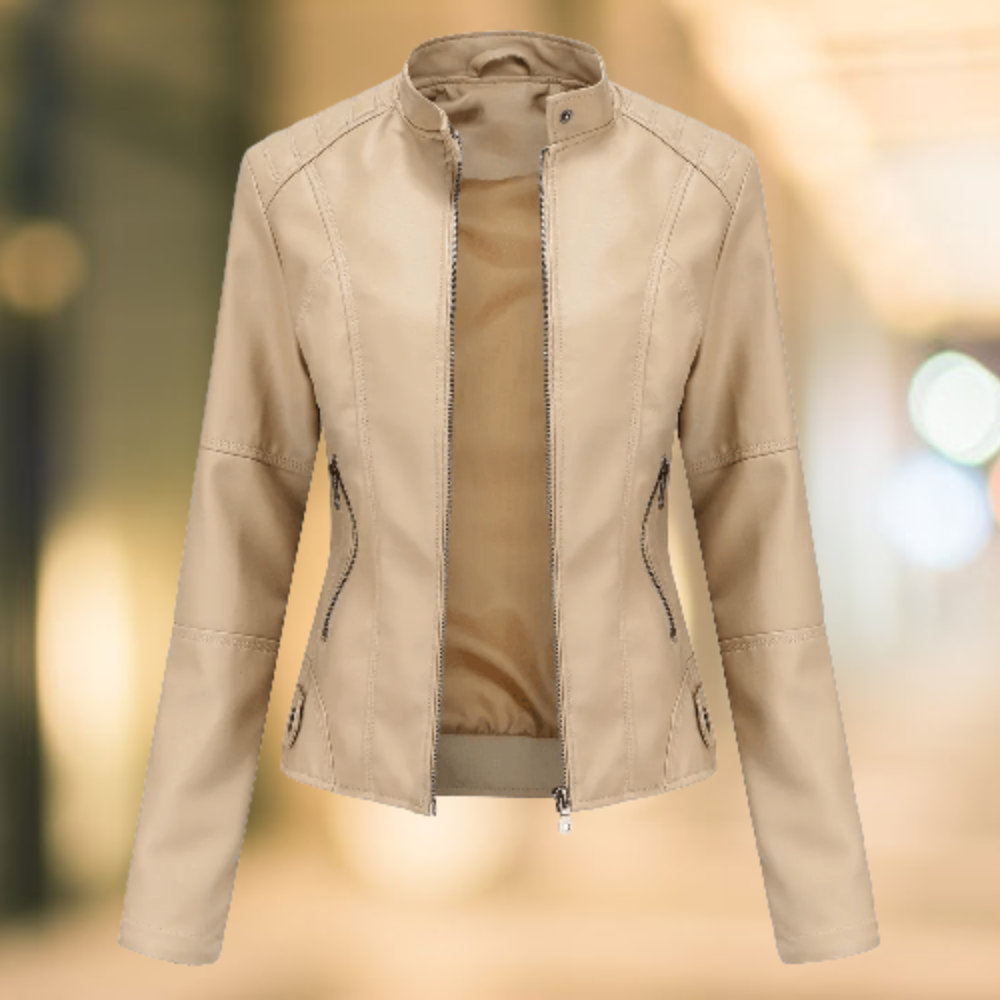 "Damen Lederjacke aus PU-Leder, modernem Stehkragen, vielseitig für Frühjahr & Herbst, in eleganter Aprikose und mehr Farben.