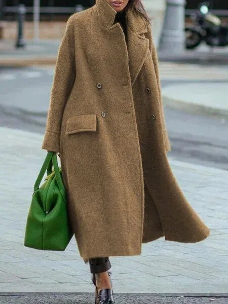 Damen Oversized Wollmantel, Doppelknopfleiste, Stehkragen, graue Wollmischung, eleganter Winterlook für kalte Tage.