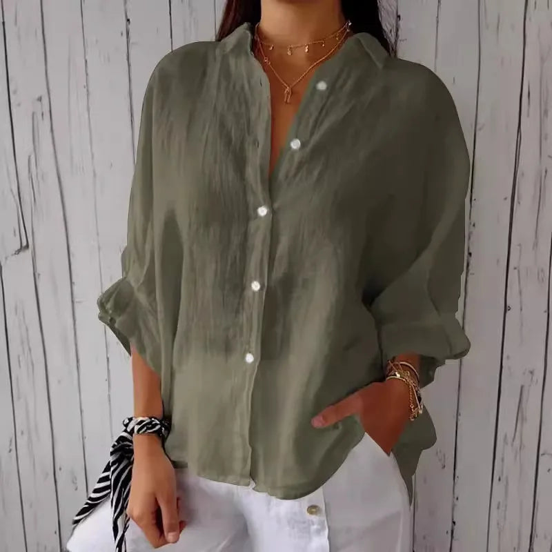 "Damen Sommerhemd Button Down, Langarm, leichter Stoff, lockere Passform, stilvoll für Strand und Stadtbummel"