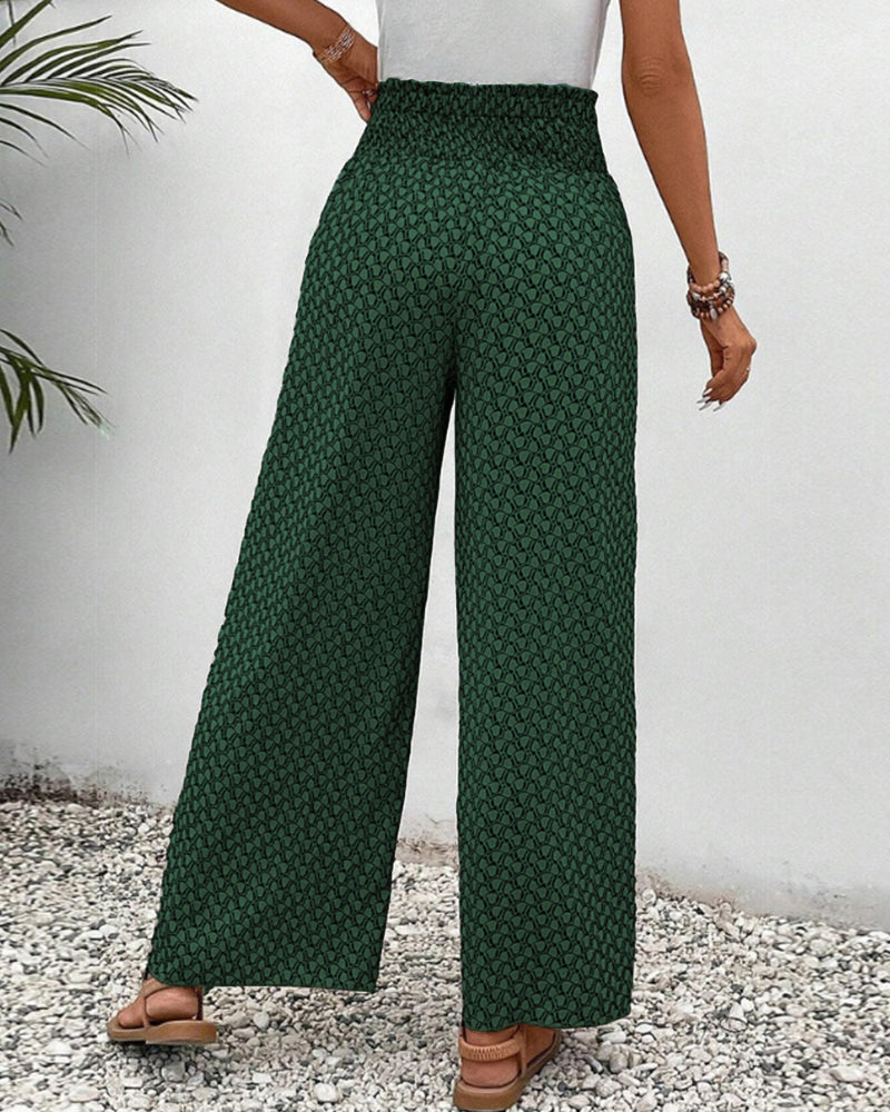 "Damen Sommerhose mit hoher Taille, geometrischer Druck, schmeichelhafte Silhouette, stilvoll und komfortabel, Seitenansicht"