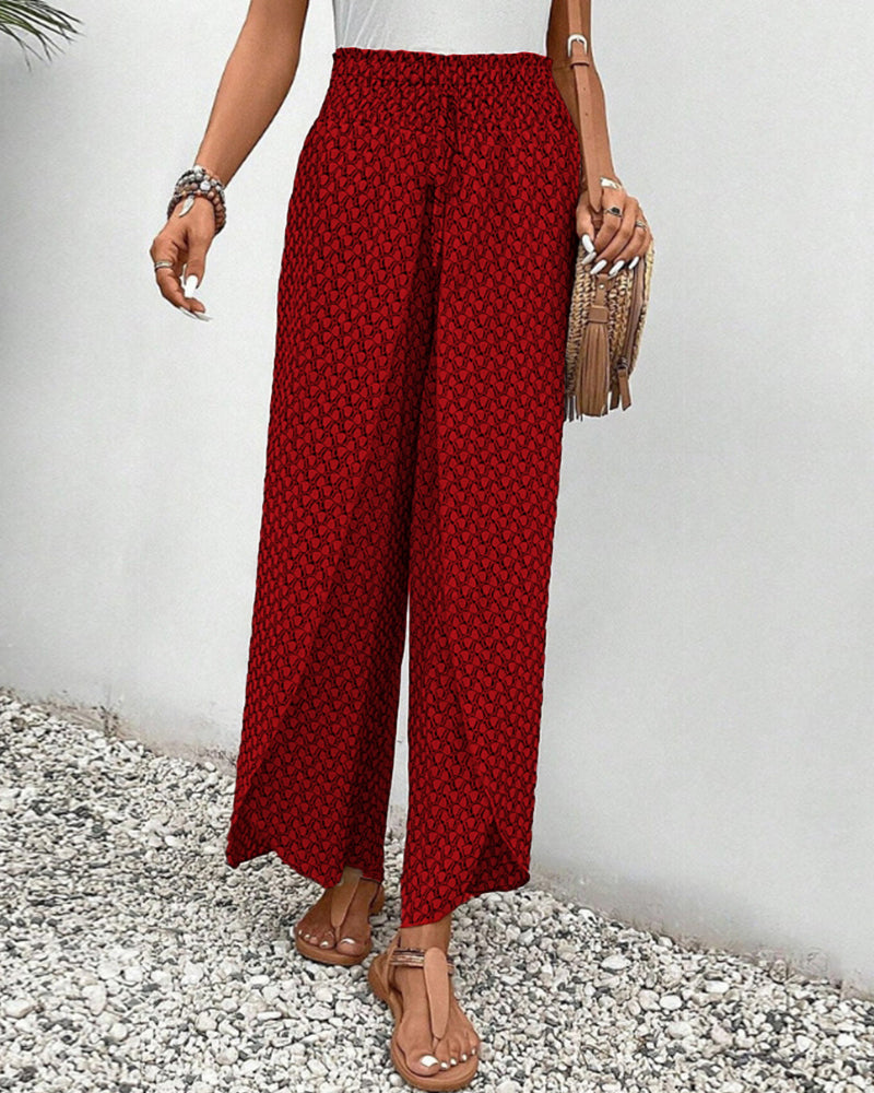 "Damen Sommerhose mit hoher Taille, geometrischer Druck, schmeichelhafte Silhouette, stilvoll und komfortabel, Seitenansicht"