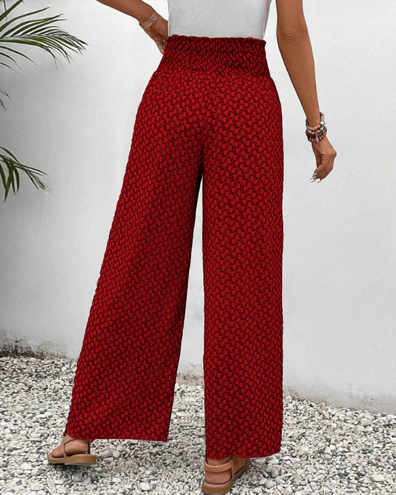 "Damen Sommerhose mit hoher Taille, geometrischer Druck, schmeichelhafte Silhouette, stilvoll und komfortabel, Seitenansicht"