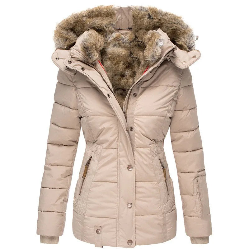 "Damen Winterjacke mit Pelzkapuze, wind- und wasserabweisend, elegante Passform, warmes Pelzfutter, stilvoll in Blau."