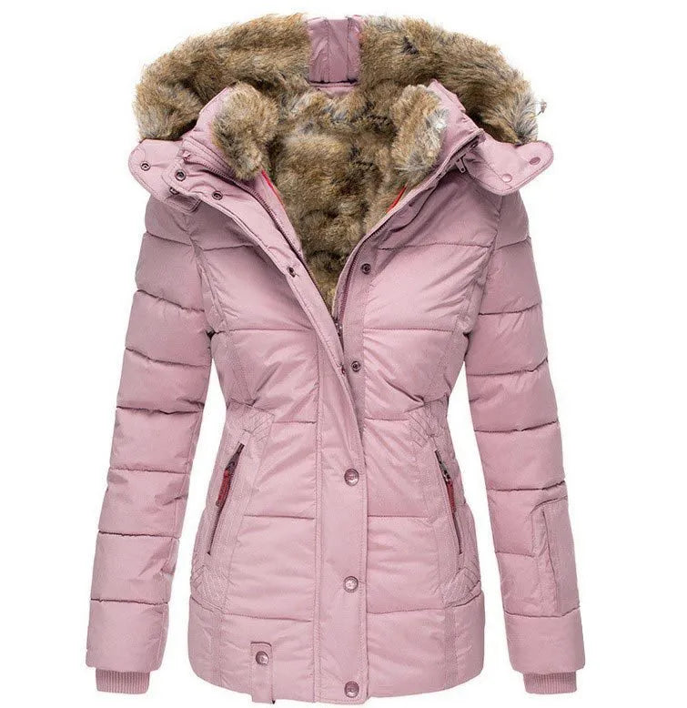 "Damen Winterjacke mit Pelzkapuze, wind- und wasserabweisend, elegante Passform, warmes Pelzfutter, stilvoll in Blau."