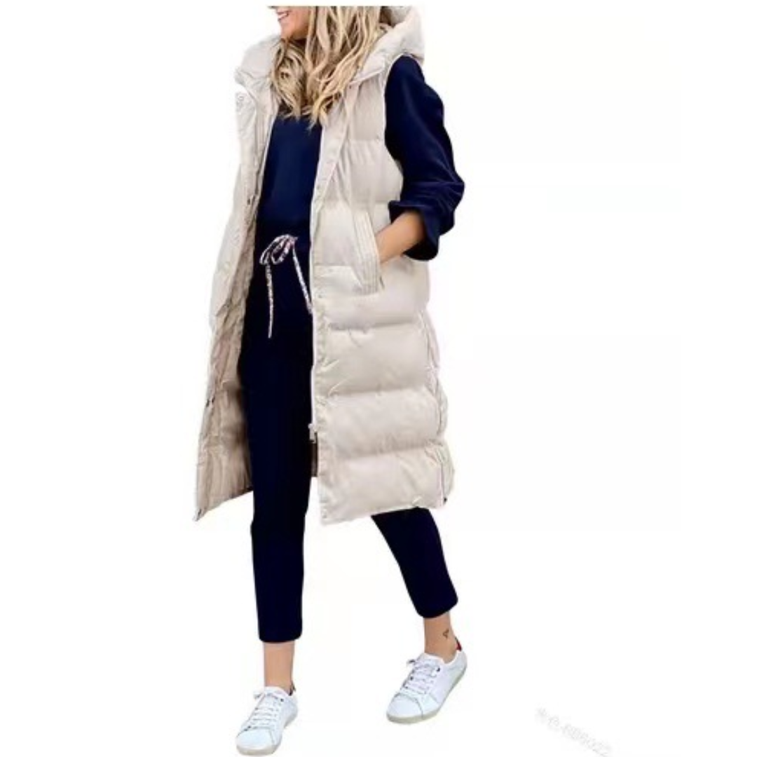 "Damen Winterweste ärmellos mit Kapuze, einfarbig, modisch und warm, ideal für Winteroutfits und lässige Ausflüge."