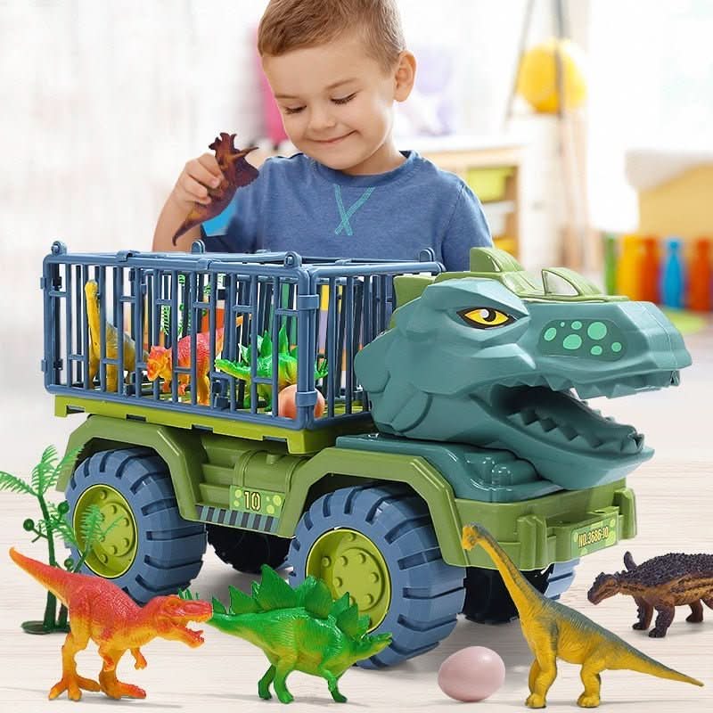 Nærbilde av DinoTrek lekesett med en grønn dinosaur, rødt kjøretøy og andre dinosaurer i bakgrunnen.
