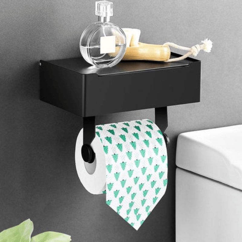 "Edelstahl Toilettenpapierhalter mit wasserdichtem Fach, Detailansicht. Elegantes und funktionales Design für Ihr Bad."
