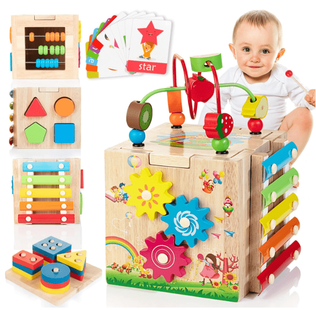 "EduCube 8-in-1 Montessori Holzspielzeug für Kleinkinder, interaktives Lernspiel mit Perlenlabyrinth und Xylophon."