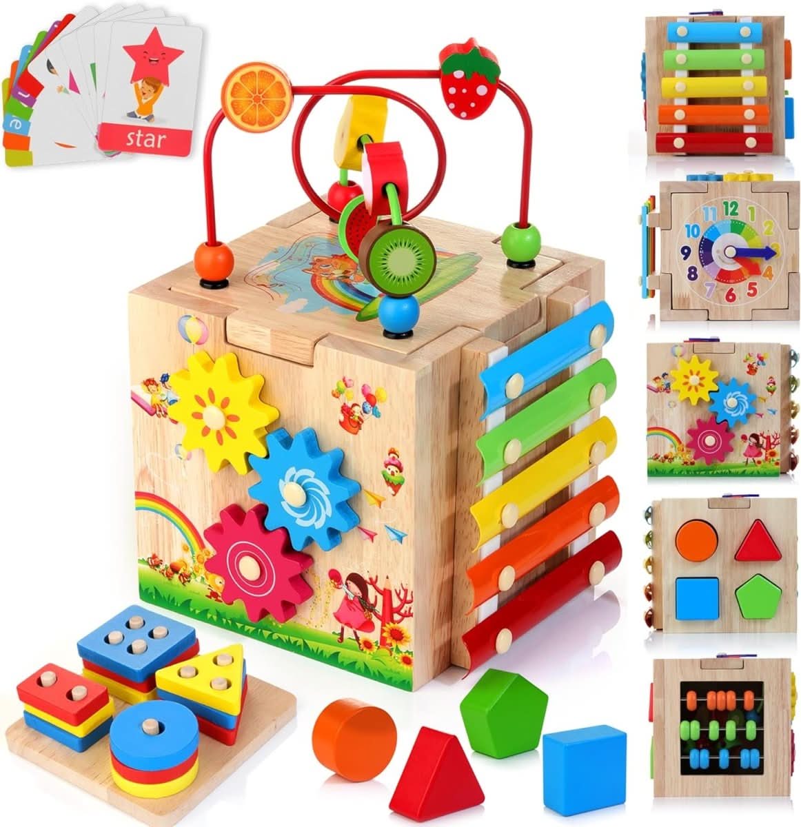 "EduCube 8-in-1 Montessori Holzspielzeug für Kleinkinder, interaktives Lernspiel mit Perlenlabyrinth und Xylophon."
