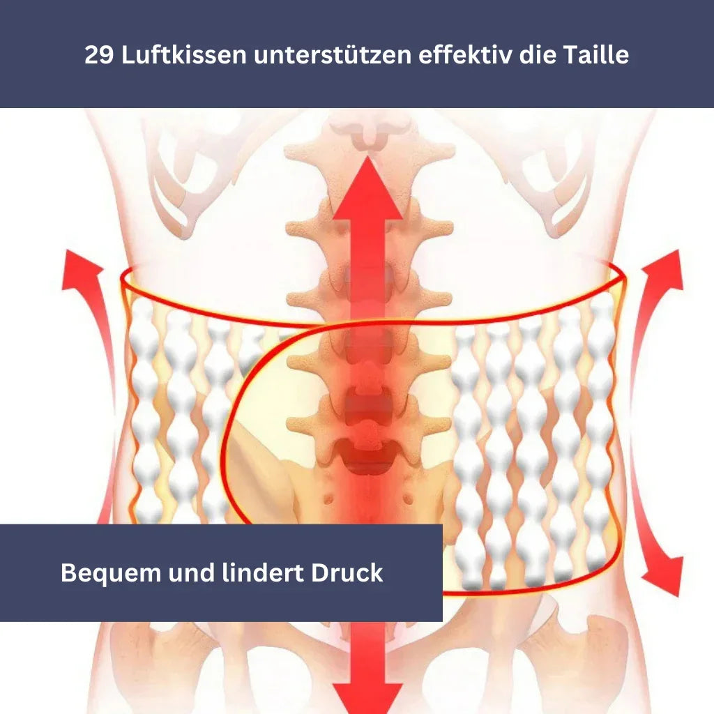 "Effektiver orthopädischer Lendengurt, ergonomisch mit anpassbaren Gurten, diskret unter Kleidung, atmungsaktiv."