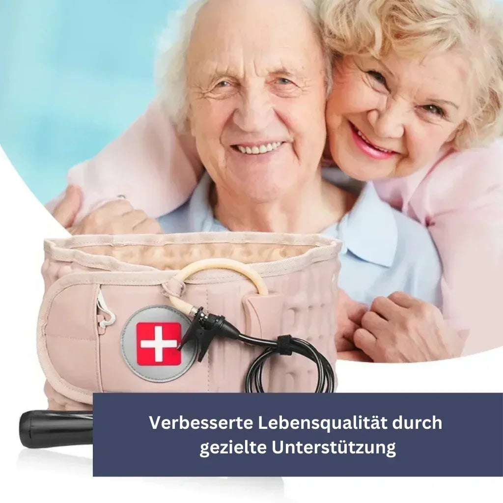 "Effektiver orthopädischer Lendengurt, ergonomisch mit anpassbaren Gurten, diskret unter Kleidung, atmungsaktiv."
