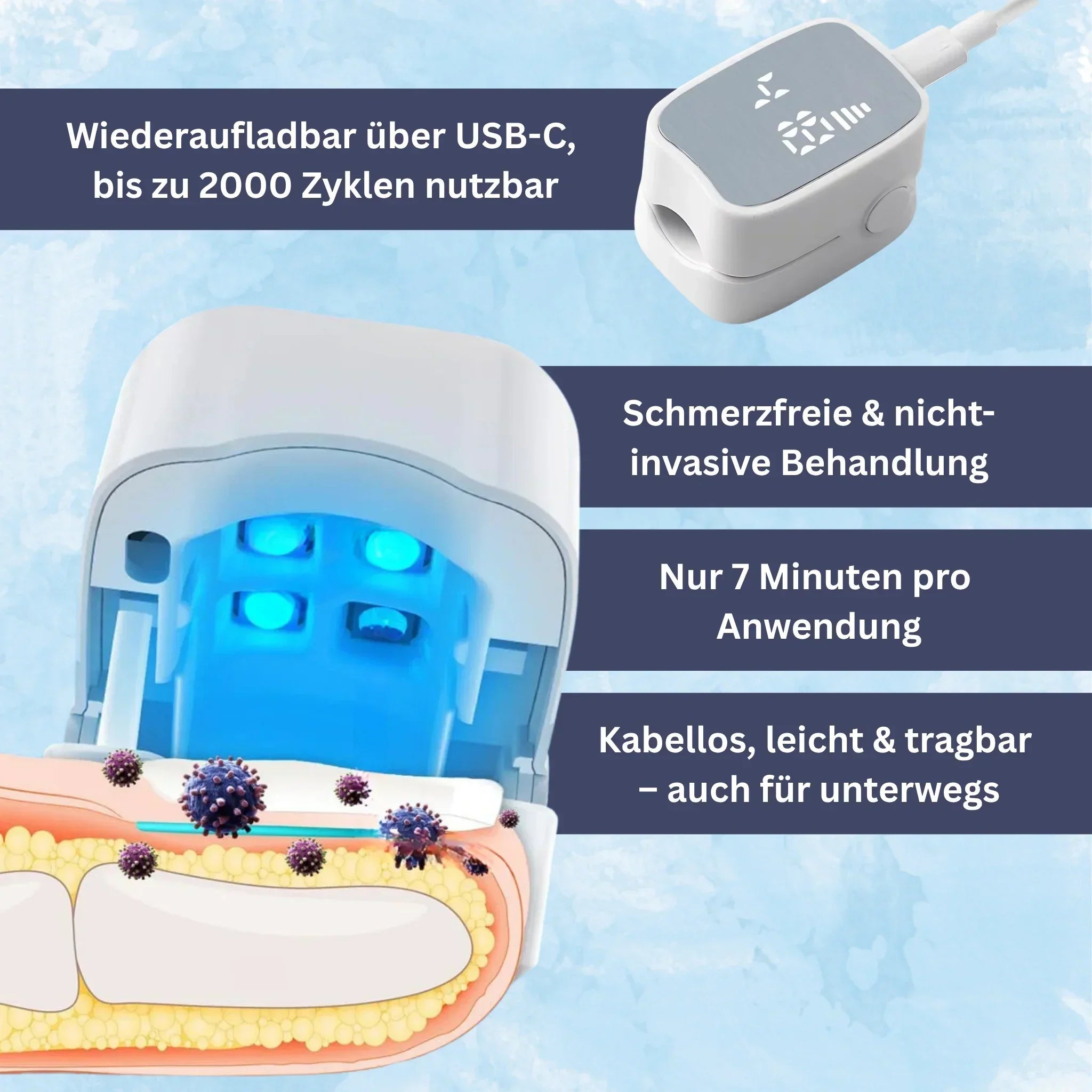 Effizientes Lasergerät gegen Nagelpilz zur Nagelpflege. Kompaktes, tragbares Design, sicher und schmerzfrei in der Anwendung.