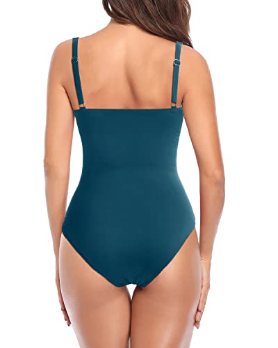 "Einteiliger Damen-Badeanzug in Türkis mit V-Ausschnitt und Bauchkontrolle für eine schlanke Silhouette, elegantes Design."