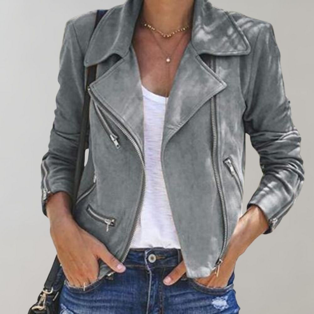 "Elegante Damen Bikerjacke aus Wildleder, modern mit Reißverschluss und taillierter Silhouette, ideal für schicke Looks."