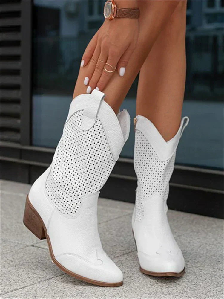 Elegante Damen Cowboy Stiefel, beige Leder, ergonomische Passform, vielseitiges Design, Größen 35-43 verfügbar.