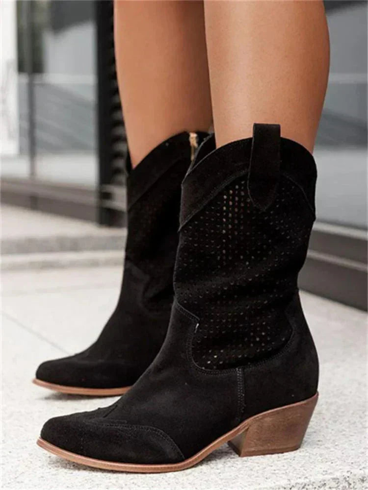 Elegante Damen Cowboy Stiefel, beige Leder, ergonomische Passform, vielseitiges Design, Größen 35-43 verfügbar.