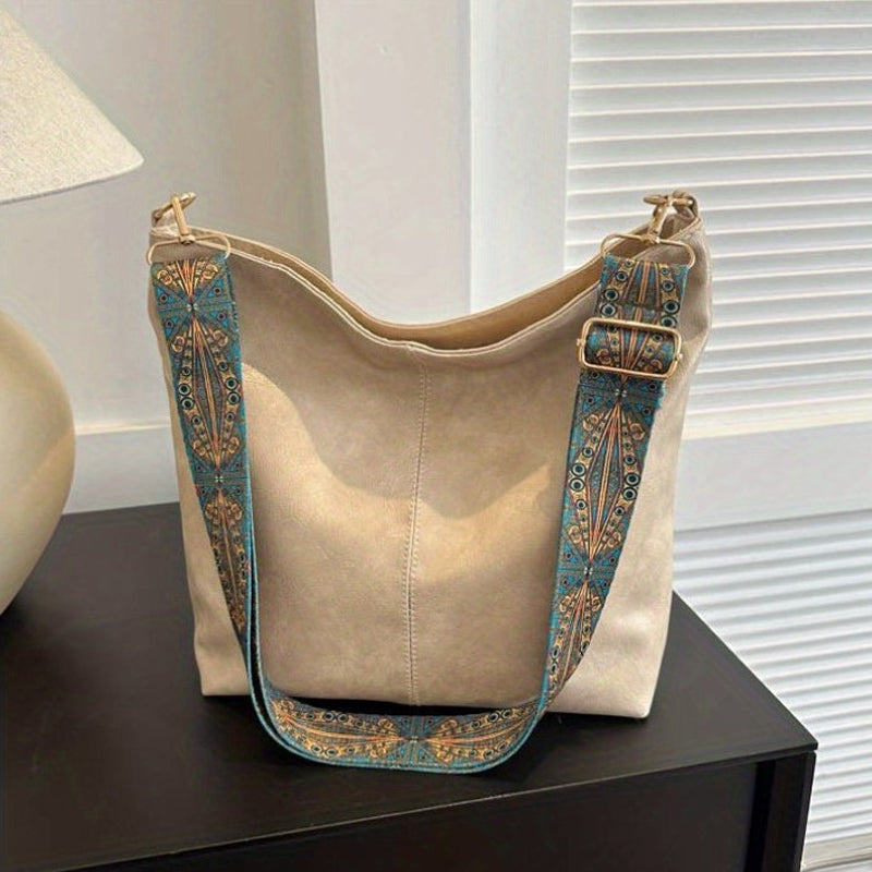 Elegante Damen Schultertasche in Vintage-Optik, Vorderansicht, beige Farbe, stilvoll, praktisch, robustes PU-Material.