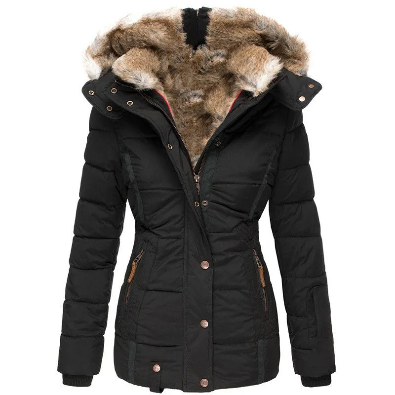 Elegante Damen Winterjacke aus Memory-Imitatstoff, zeitloses Design in Beige, Blau, Grün, Rosa, Rot, Schwarz.