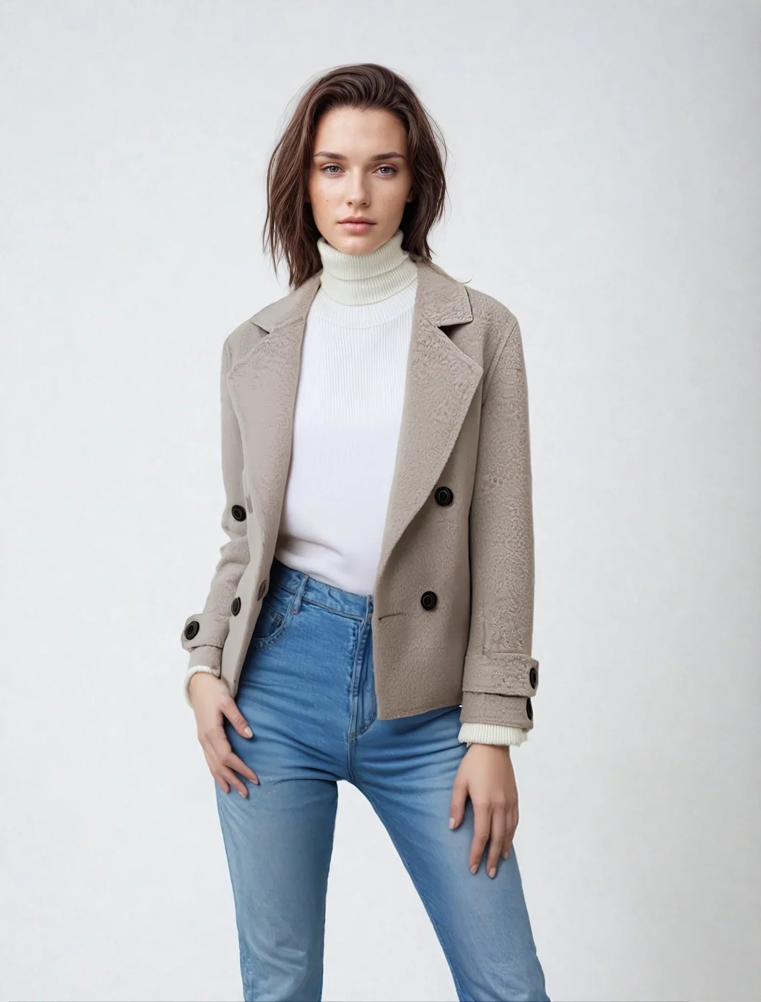"Elegante Damenjacke aus luxuriösem Stoff in stilvoller, taillierter Passform, ideal für vielseitige Outfits."