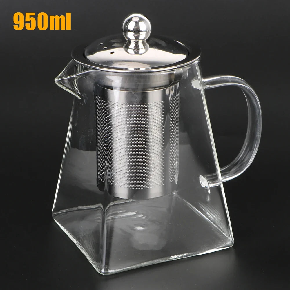 Elegante Glas-Teekanne mit Edelstahlsieb, hitzebeständig, spülmaschinenfest, ideal für losen Tee; erhältlich in 3 Größen.