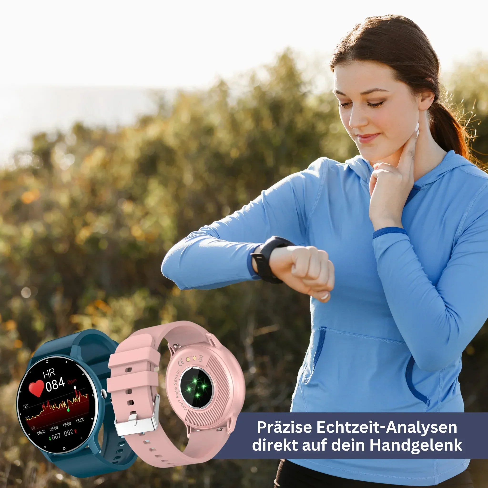 "Elegante VitalPulse Armbanduhr in Babypink mit Herzfrequenzmesser und modernem Design, perfekt für Alltag und Fitness."