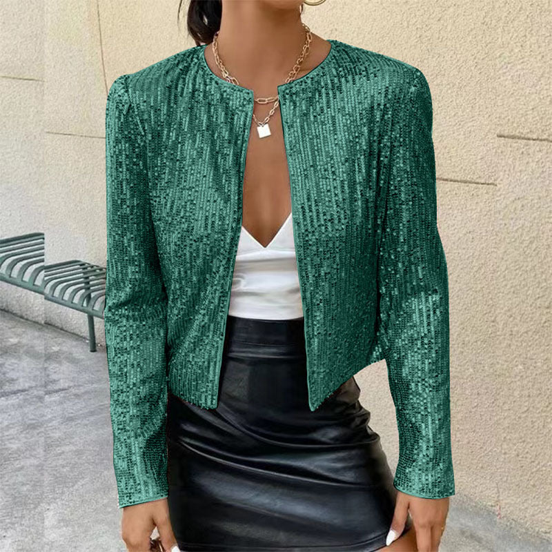 "Elegante glitzernde Damenjacke mit taillierter Passform, ideal für festliche Anlässe, in Silber und Magenta erhältlich."