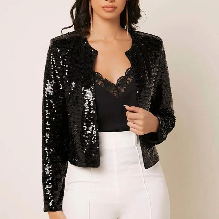 "Elegante glitzernde Damenjacke mit taillierter Passform, ideal für festliche Anlässe, in Silber und Magenta erhältlich."