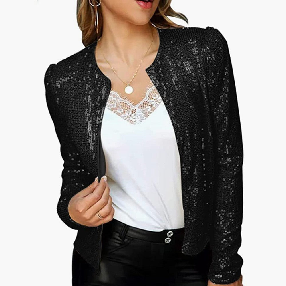 "Elegante glitzernde Damenjacke mit taillierter Passform, ideal für festliche Anlässe, in Silber und Magenta erhältlich."