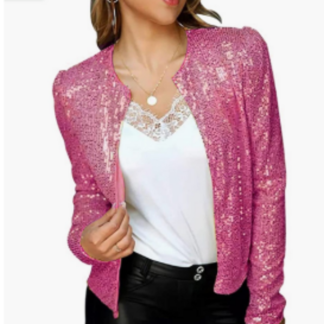 "Elegante kurze Damenjacke mit Reißverschluss, schlanke Silhouette, modern, ideal für Partys, in Rot, Gold, Schwarz, Silber"