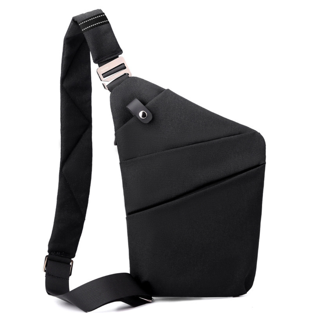 "Elegante schwarze Anti Diebstahl Umhängetasche für Damen, kompakt mit verstellbarem Riemen und versteckten Fächern."
