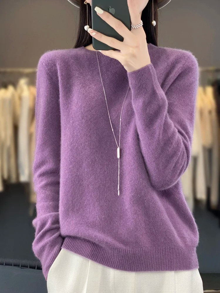 "Eleganter Damen Kaschmir Pullover mit rundem Ausschnitt, weiche Textur, klassisches Design, vielseitig für jeden Anlass."