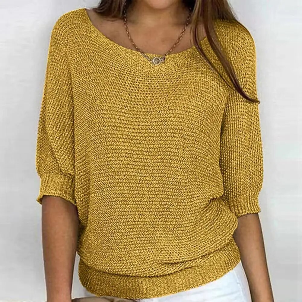 "Eleganter Damen Strickpullover in Beige mit 3/4 Ärmeln und Rundhalsausschnitt, ideal für lässige Frühlingsoutfits."