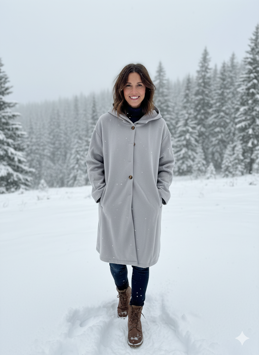 Eleganter Damen Wintermantel, stilvolles Design, winddicht, knielang, beige Farbton, mit Kapuze für kalte Tage.