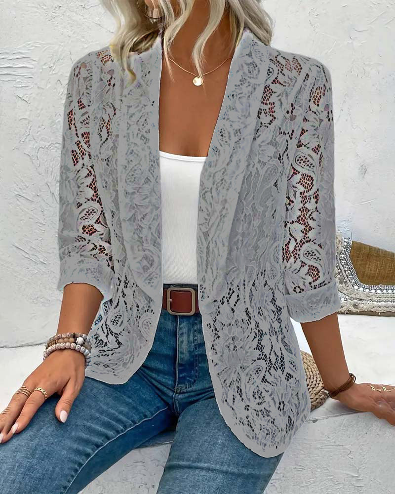 "Eleganter Damenblazer mit Blumenspitze, Langarm, Reversausschnitt, ideal für stilvollen, formellen Look in Grau, Schwarz, We