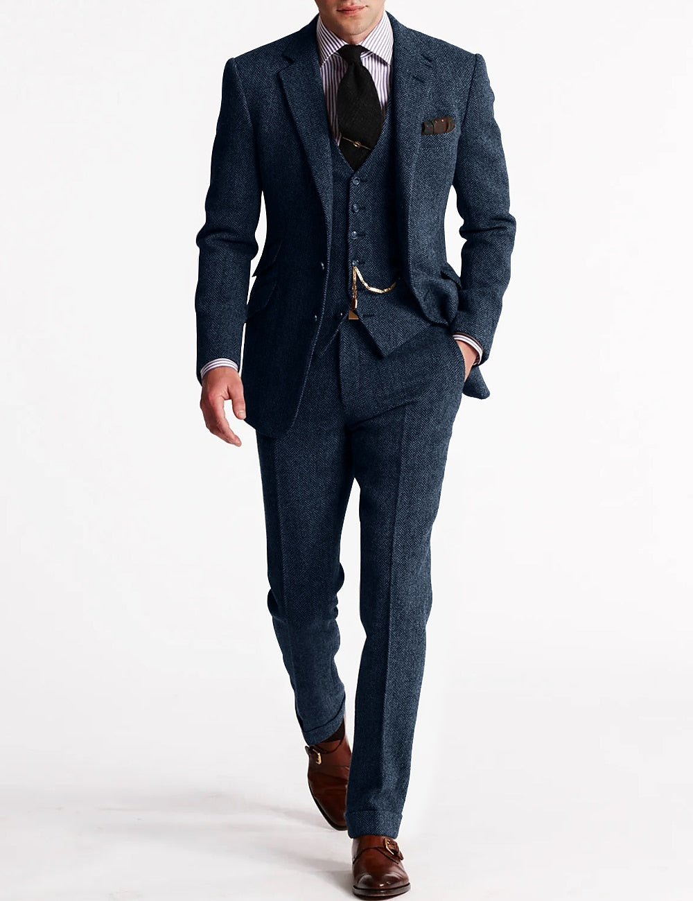 "Eleganter Herren Hochzeitsanzug, dreiteiliges Set, klassische Silhouette, marineblau, maßgeschneiderter Look für besondere A