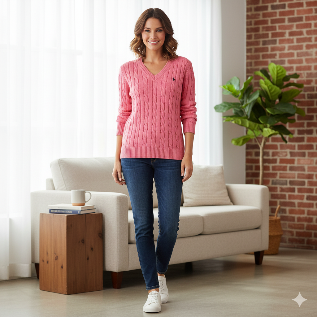 "Eleganter Kabelstrickpullover Damen mit V-Ausschnitt, weiches Strickstoff, klassische Optik, vielseitig und zeitlos."