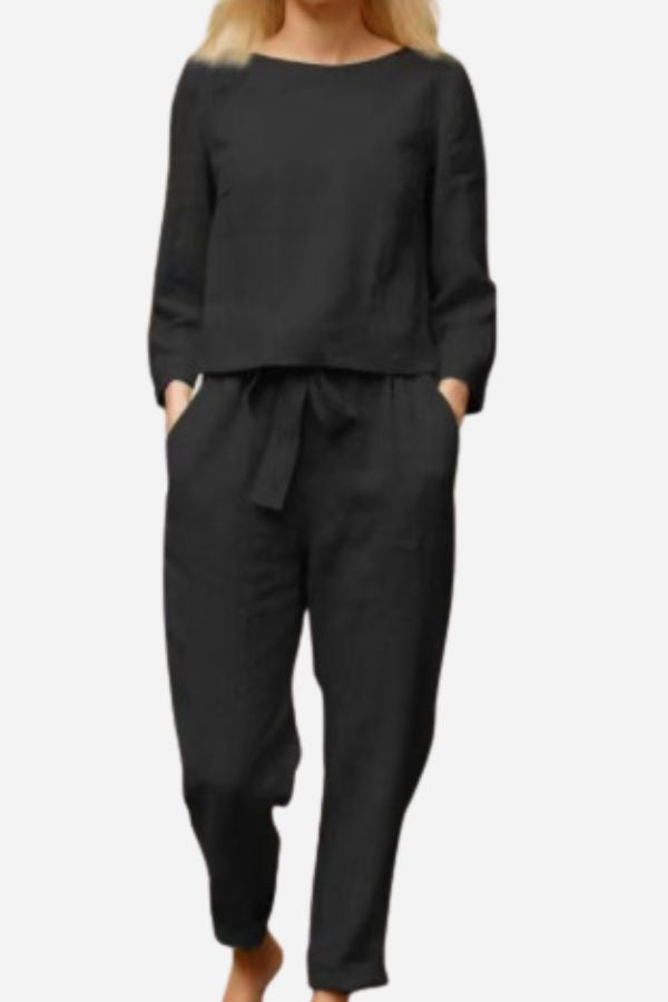 Eleganter Leinen-Zweiteiler für Damen in monochromen Farben; atmungsaktives Material, klassischer Schnitt für vielseitige Anl