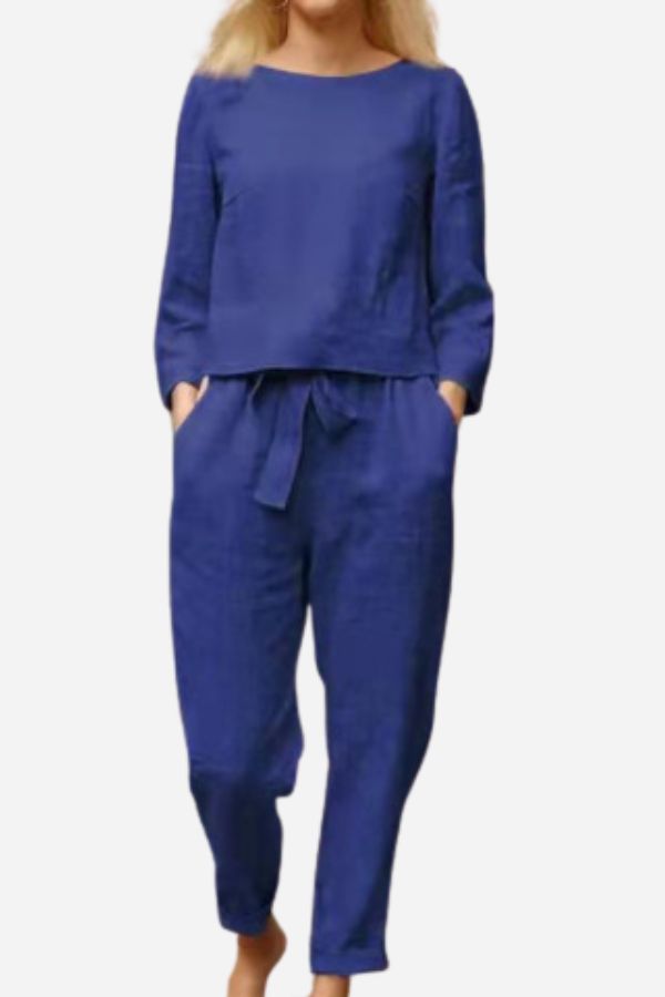 Eleganter Leinen-Zweiteiler für Damen in monochromen Farben; atmungsaktives Material, klassischer Schnitt für vielseitige Anl