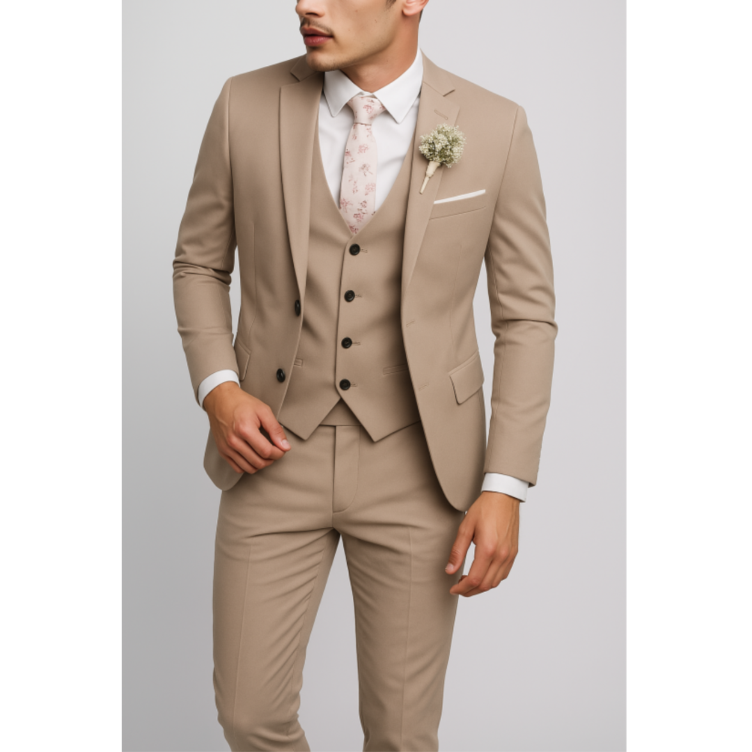 "Eleganter schlanker Herren-Hochzeitsanzug, Dreiteiler mit Zweiknopf-Jacke, Weste und Hose für formelle Anlässe."