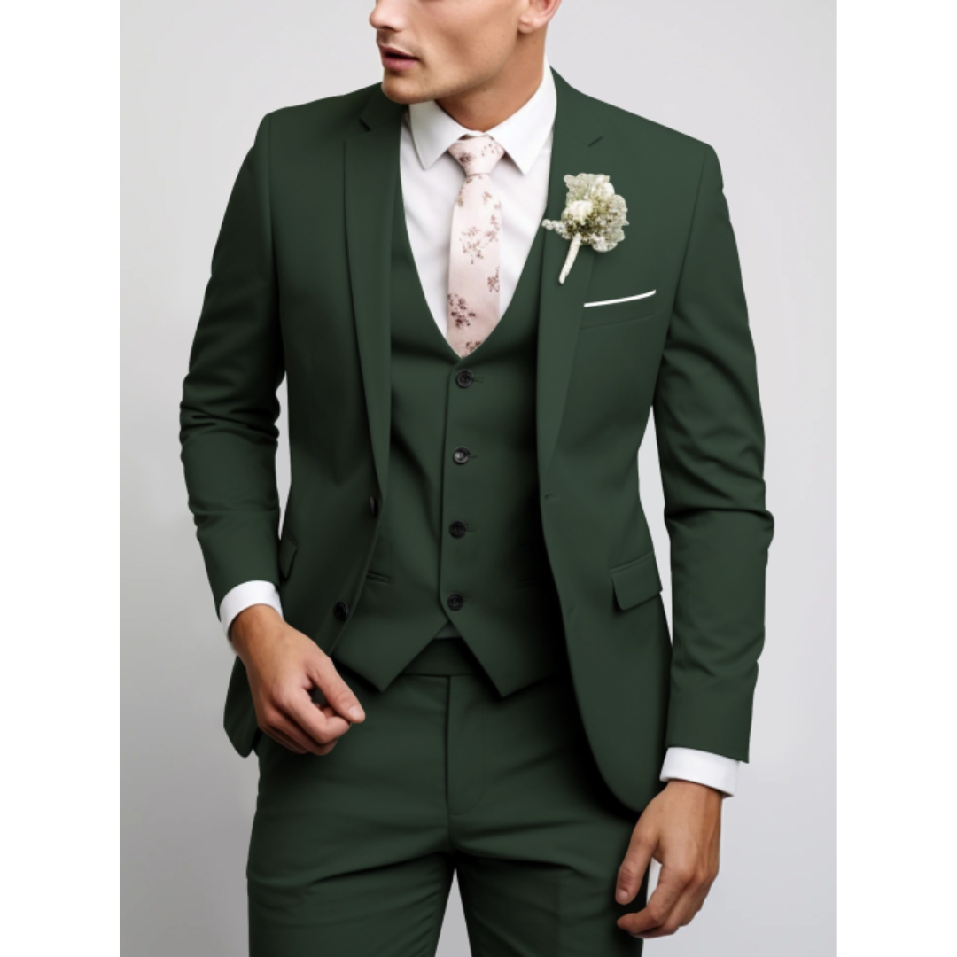 "Eleganter schlanker Herren-Hochzeitsanzug, Dreiteiler mit Zweiknopf-Jacke, Weste und Hose für formelle Anlässe."