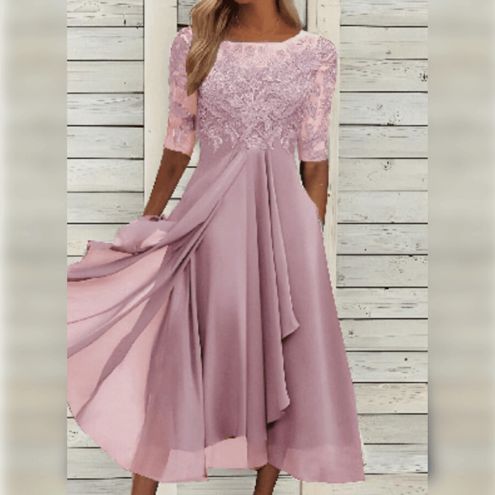 Elegantes Chiffon-Midikleid mit Rundhalsausschnitt, hoher Taille und kurzen Ärmeln, perfekt für besondere Anlässe.