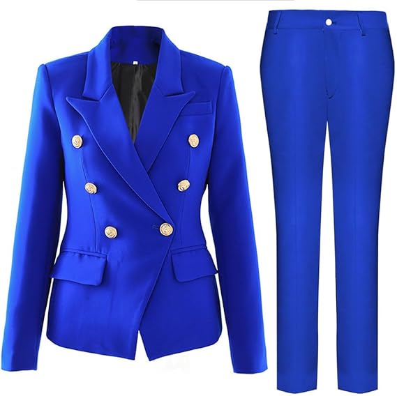 "Elegantes Damen Business-Anzug-Set, Slim Fit, mit doppelter Knopfleiste und goldenen Knöpfen, für berufliche Anlässe."
