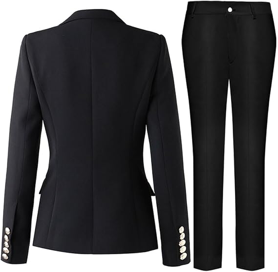 "Elegantes Damen Business-Anzug-Set, Slim Fit, mit doppelter Knopfleiste und goldenen Knöpfen, für berufliche Anlässe."