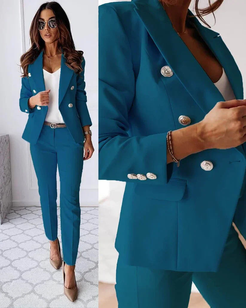 "Elegantes Damen Business-Anzug-Set, Slim Fit, mit doppelter Knopfleiste und goldenen Knöpfen, für berufliche Anlässe."