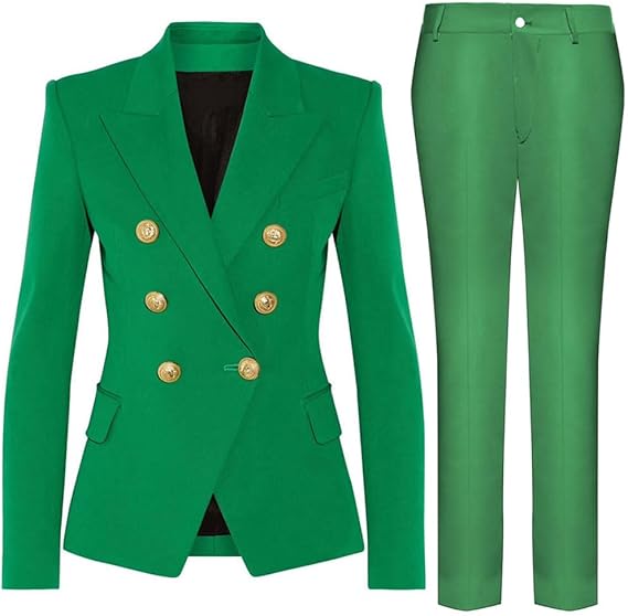 "Elegantes Damen Business-Anzug-Set, Slim Fit, mit doppelter Knopfleiste und goldenen Knöpfen, für berufliche Anlässe."