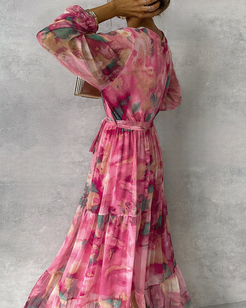 "Elegantes Maxi-Kleid mit Print, V-Ausschnitt, Puffärmel, langärmelig, ideal für Alltag und festliche Anlässe, Damenmode"
