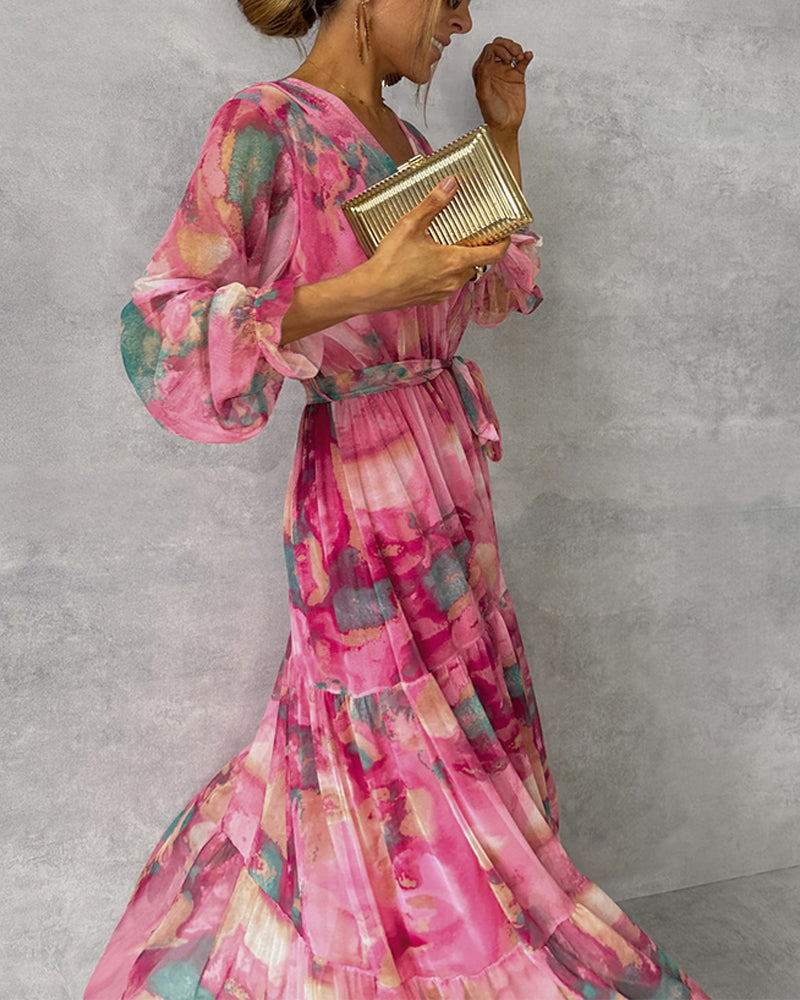 "Elegantes Maxi-Kleid mit Print, V-Ausschnitt, Puffärmel, langärmelig, ideal für Alltag und festliche Anlässe, Damenmode"