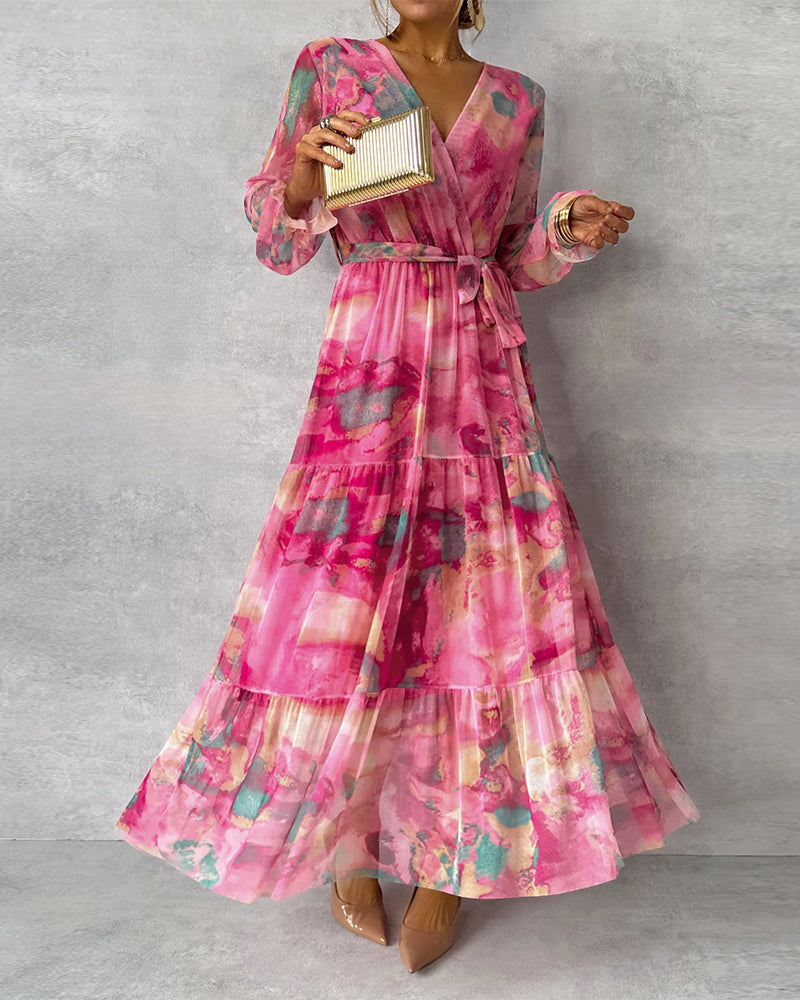 "Elegantes Maxi-Kleid mit Print, V-Ausschnitt, Puffärmel, langärmelig, ideal für Alltag und festliche Anlässe, Damenmode"