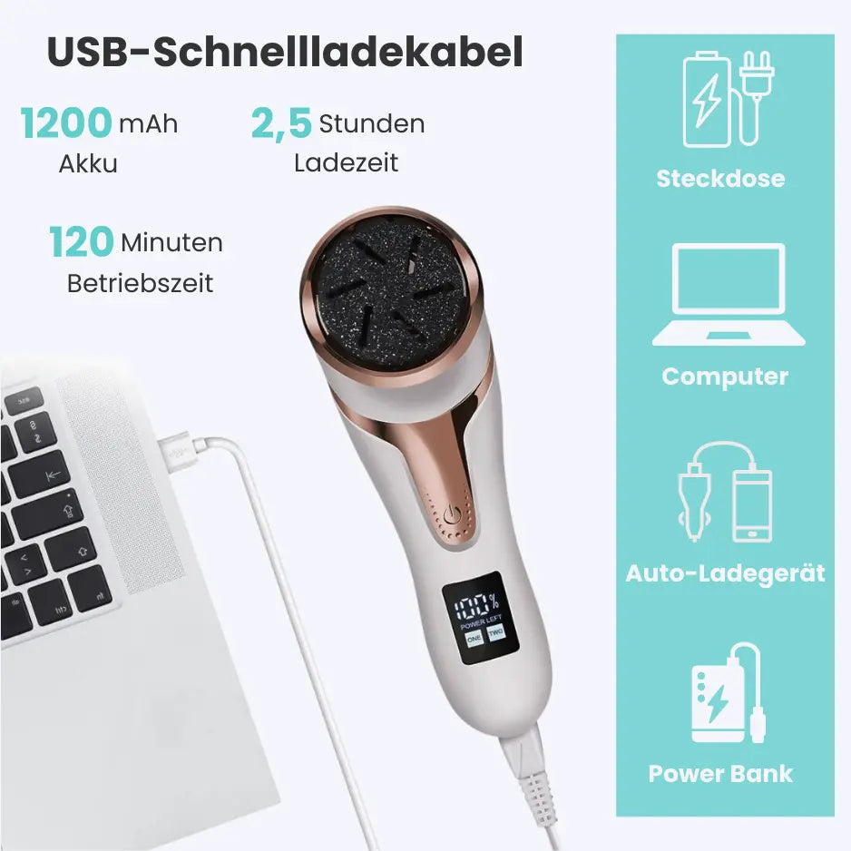 Elektrischer Hornhautentferner mit ergonomischem Design und Mikro-Abrasions-Technologie für weiche, gepflegte Füße.