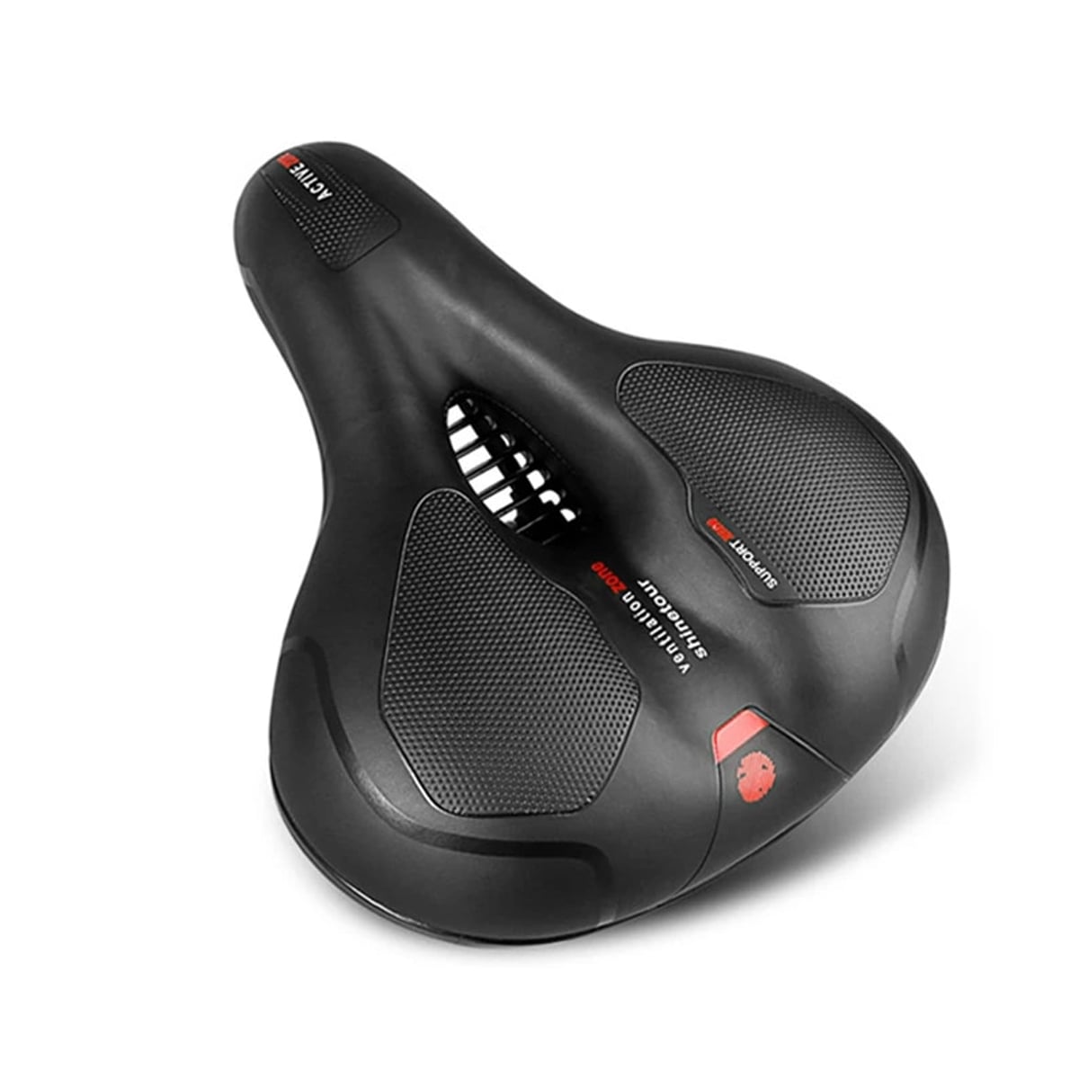 Ergonomischer ComfortRide Fahrradsattel mit dicker Polsterung, reflektierenden Streifen und Belüftungsschlitzen für Komfort.